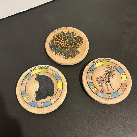 Vintage Yellowstone National Part Souvenir Coasters Set 3 Pinecone Moose Bear - Picture 1 of 8